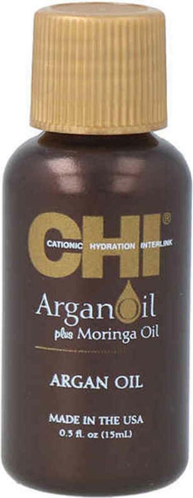 A small brown bottle of CHI Argan Oil with a gold cap.