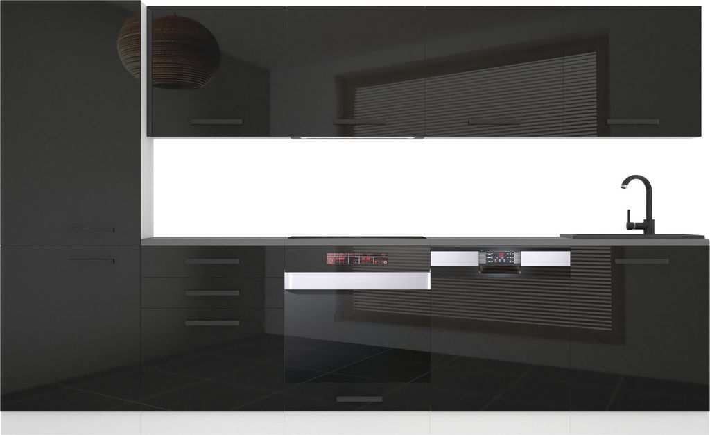 Belini Küchenzeile Küchenblock Rose - Küchenmöbel 300 cm Einbauküche Vollausstattung ohne Elektrogeräten mit Hängeschränke und Unterschrän...