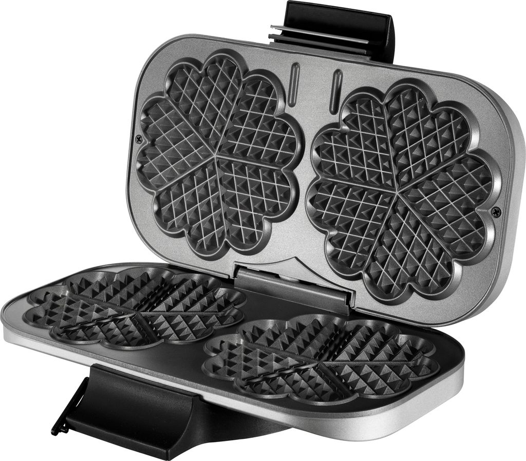 Unold Doppel-Waffelautomat silber, Griff schwarz, backt 2 große Blumenwaffeln mit je 5 Herzen.
