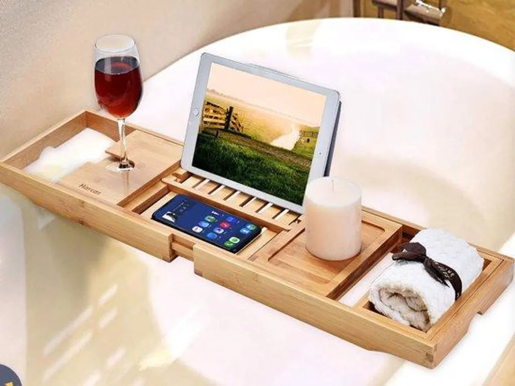 Plateau de baignoire en bambou écologique avec support pour bouteille
