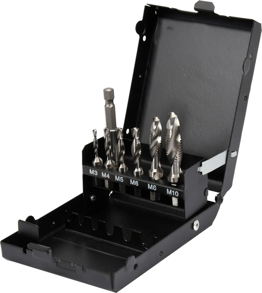 Jeu de 7 tarauds HSS M3 à M8 avec queue six pans pour perceuse vissante