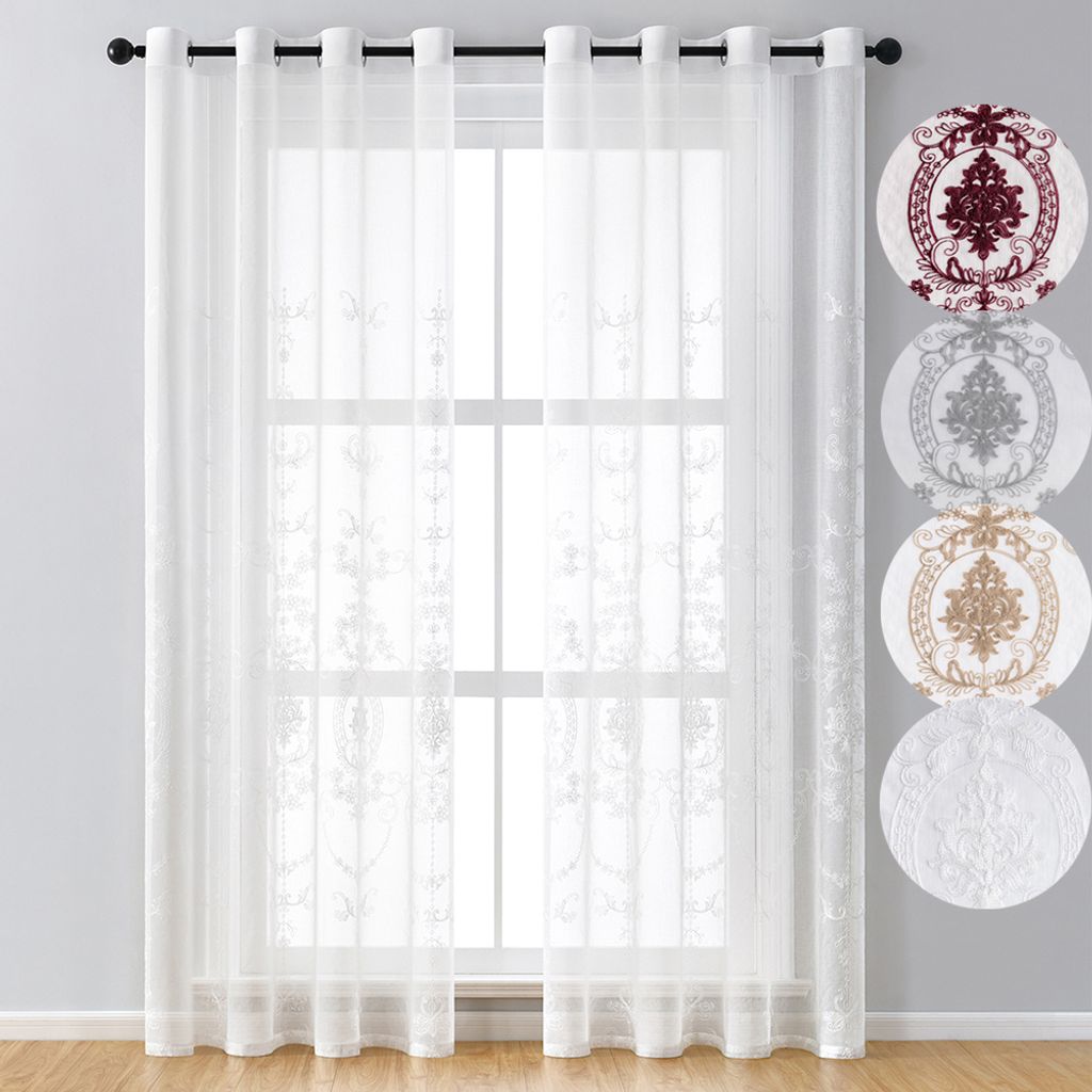 Durchscheinende Vorhänge Set 2 Stück Schlafzimmer Transparent Blumen Stickerei Vorhang mit Ösen Voile Gardinen Wohnzimmer Dekoration Weiß 140x2...