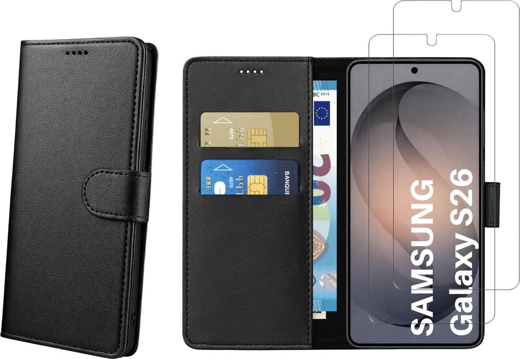 Hülle für Samsung Galaxy S26 und 2 gehärtete Gläser – Schwarze Brieftasche mit Klappverschluss und Magnetverschluss zur Aufbewahrung von Kart...