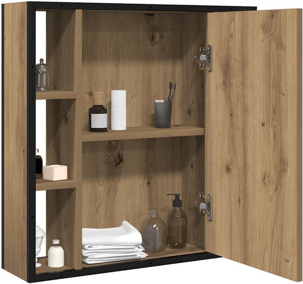 A bathroom cabinet with its doors open, showing shelves stocked with toiletries and towels.