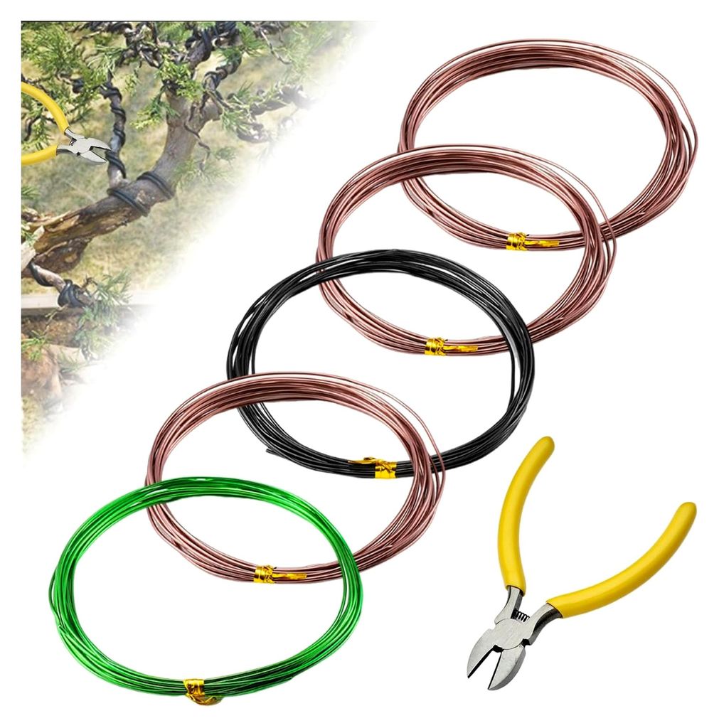 Bonsai Draht Set, 5 Rollen 1 mm/1,5 mm/2,0 mm Aluminiumdraht mit Drahtschneider, Baum Trainingsdraht für Pflanzen