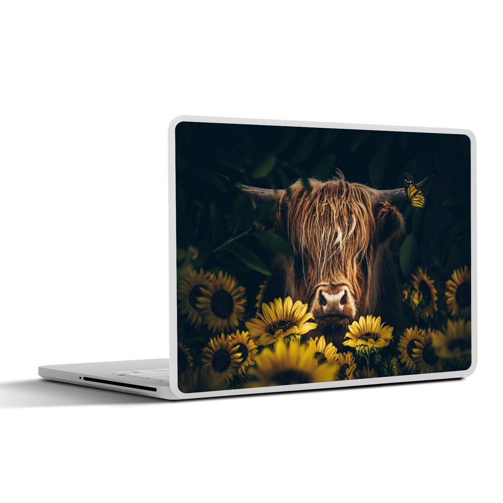 MuchoWow Laptop Aufkleber Sticker Cover Schottische Highlander - Blumen - Kuh - Botanisch - Tiere 30x21 cm - Sticker für Laptop - Selbstklebend