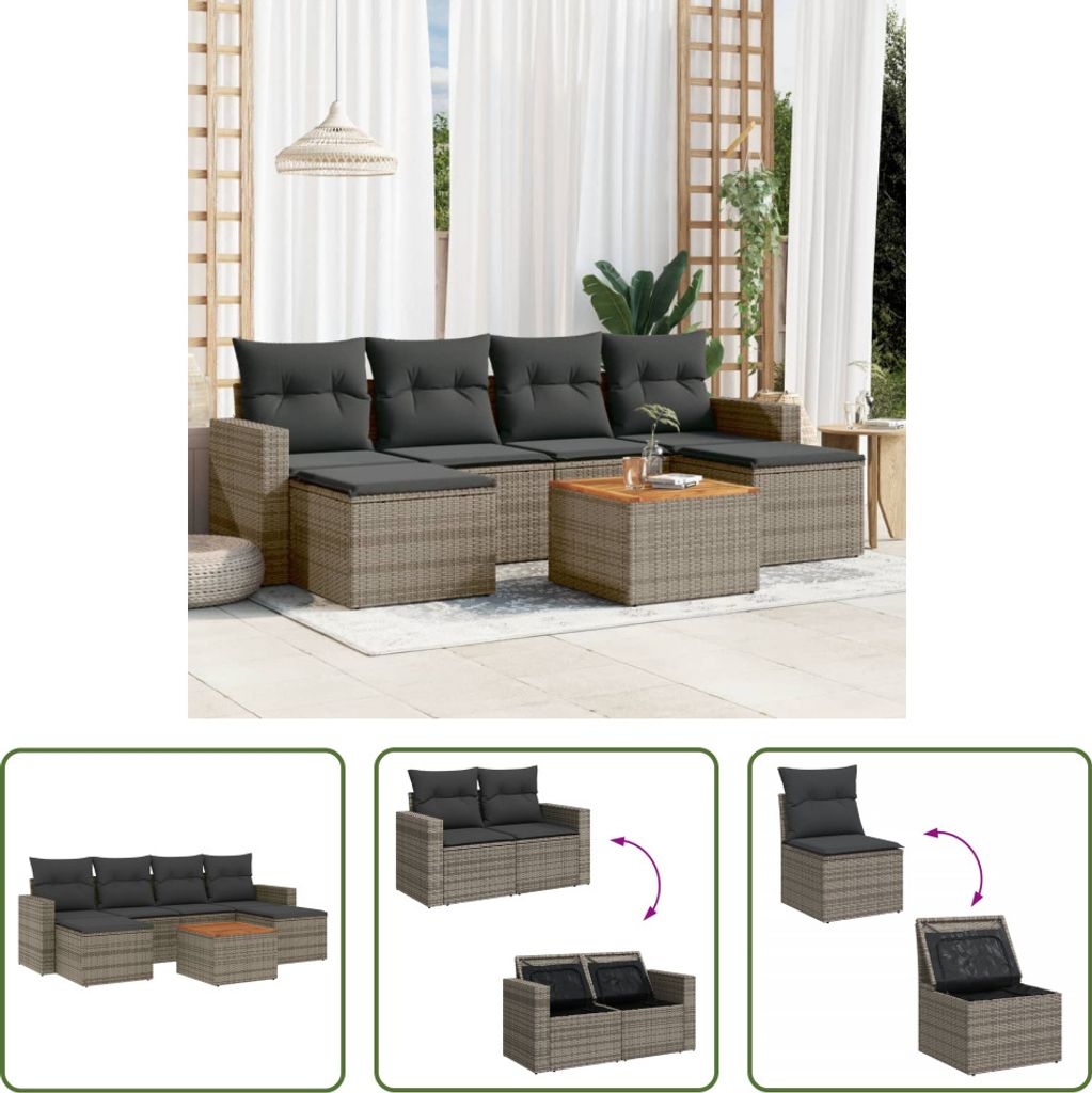 The Living Store 7-tlg. Garten-Sofagarnitur mit Kissen Grau Poly Rattan