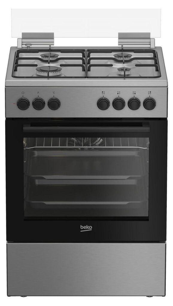 A freestanding electric gas hob cooker with an oven below, shown from the front.