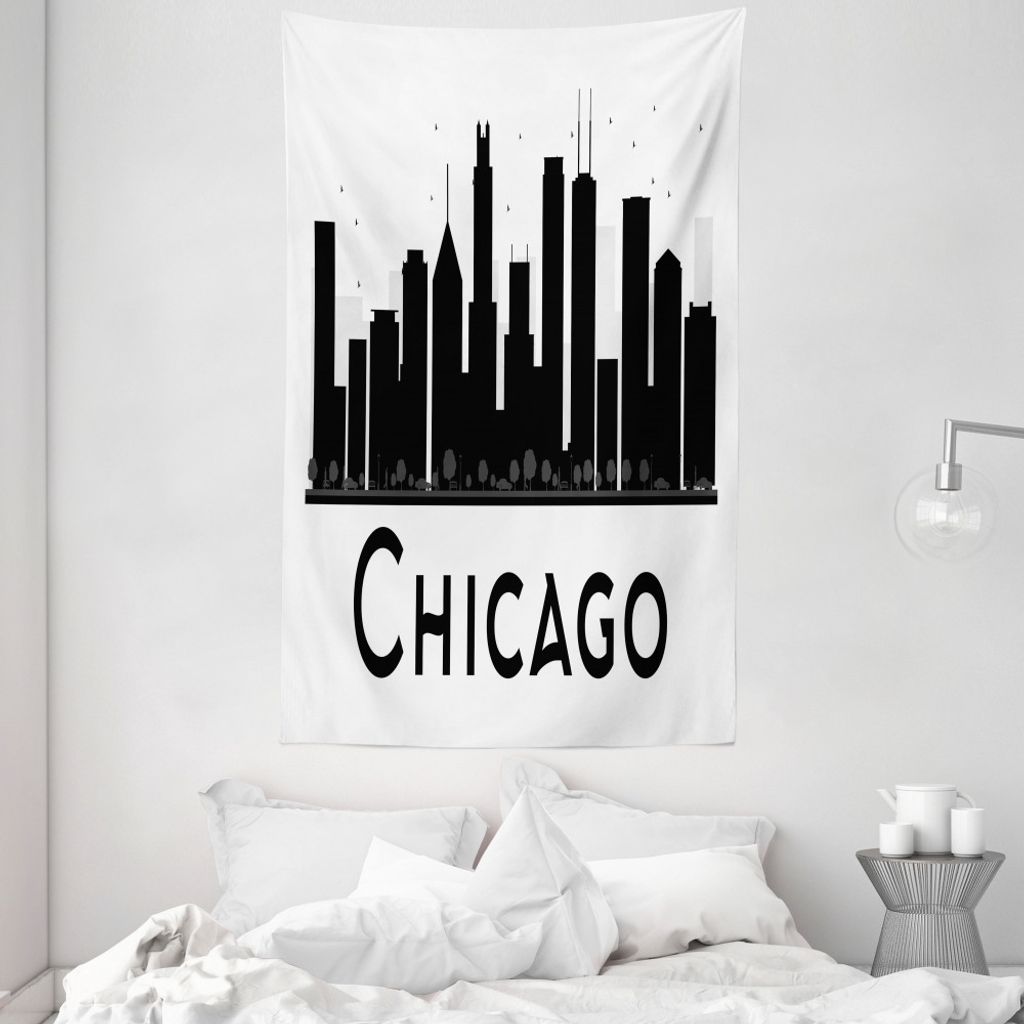 ABAKUHAUS Chicago Wandteppich und Tagesdecke, Gebäude-Schattenbilder aus Weiches Mikrofaser Stoff Waschbar ohne Verblassen Digitaldruck, 140 x 230...