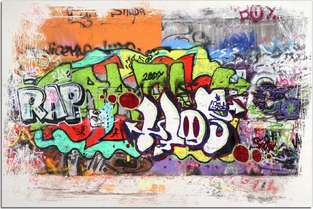 Kunstdrucke Wandbilder Holz in : Brillante Farben, Größe 60 x 90 cm Motiv RAP-Graffiti- Wand mit verschiedenen Tags