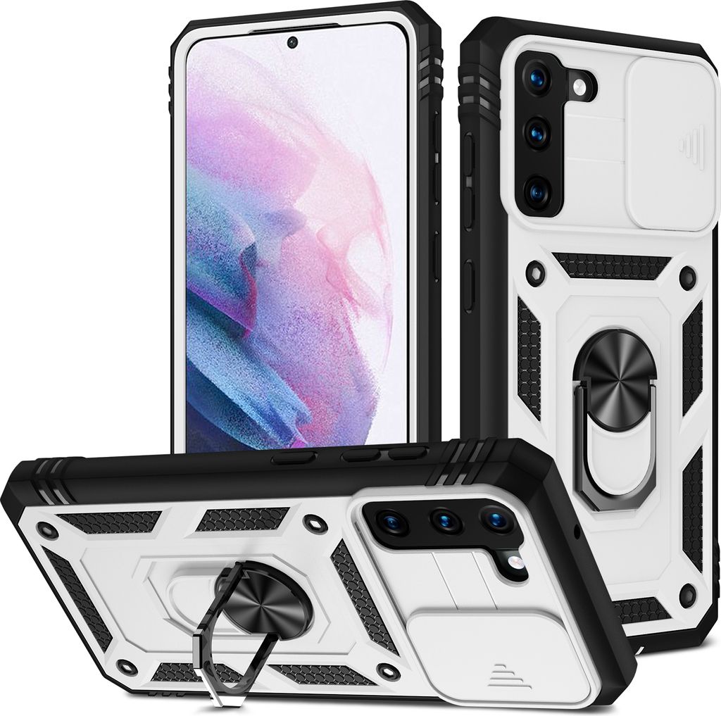Galaxy S21 FE 5G Hülle, Schiebe Kamera Schutz Robust Rüstung Stoßfest Schutzhülle mit Ringhalterung Ständer Kartenhalter für Samsung Galaxy S...