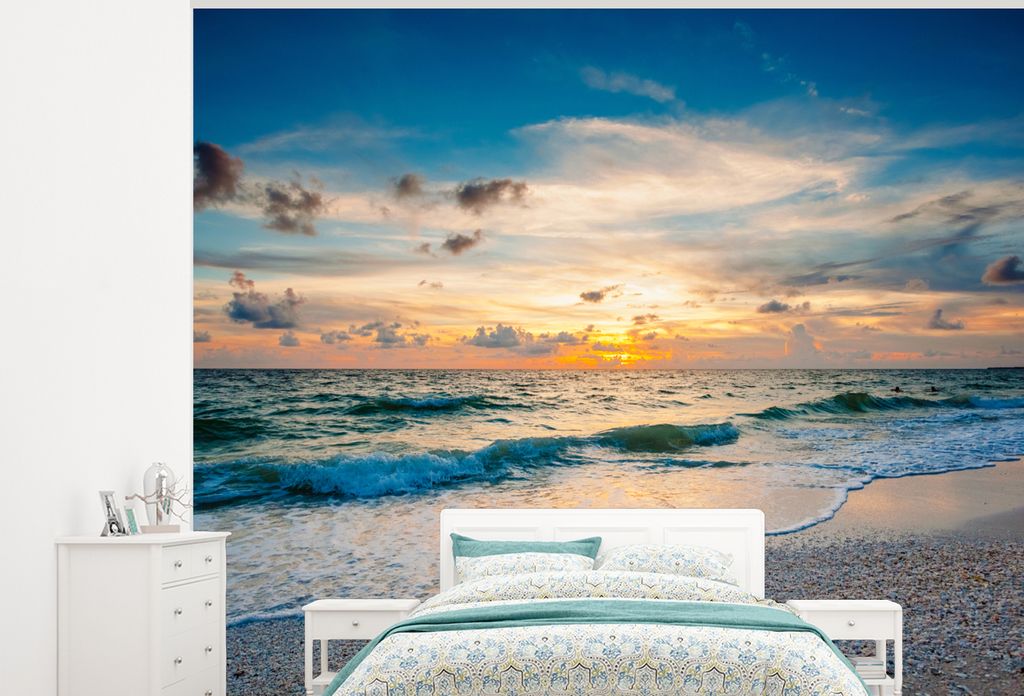 MuchoWow Fototapete für Wohnzimmer oder Schlafzimmer Wandtapete Vinyl Motivtapete Strand - Meer - Sonnenuntergang - 375x300 cm - Tapezierpapier