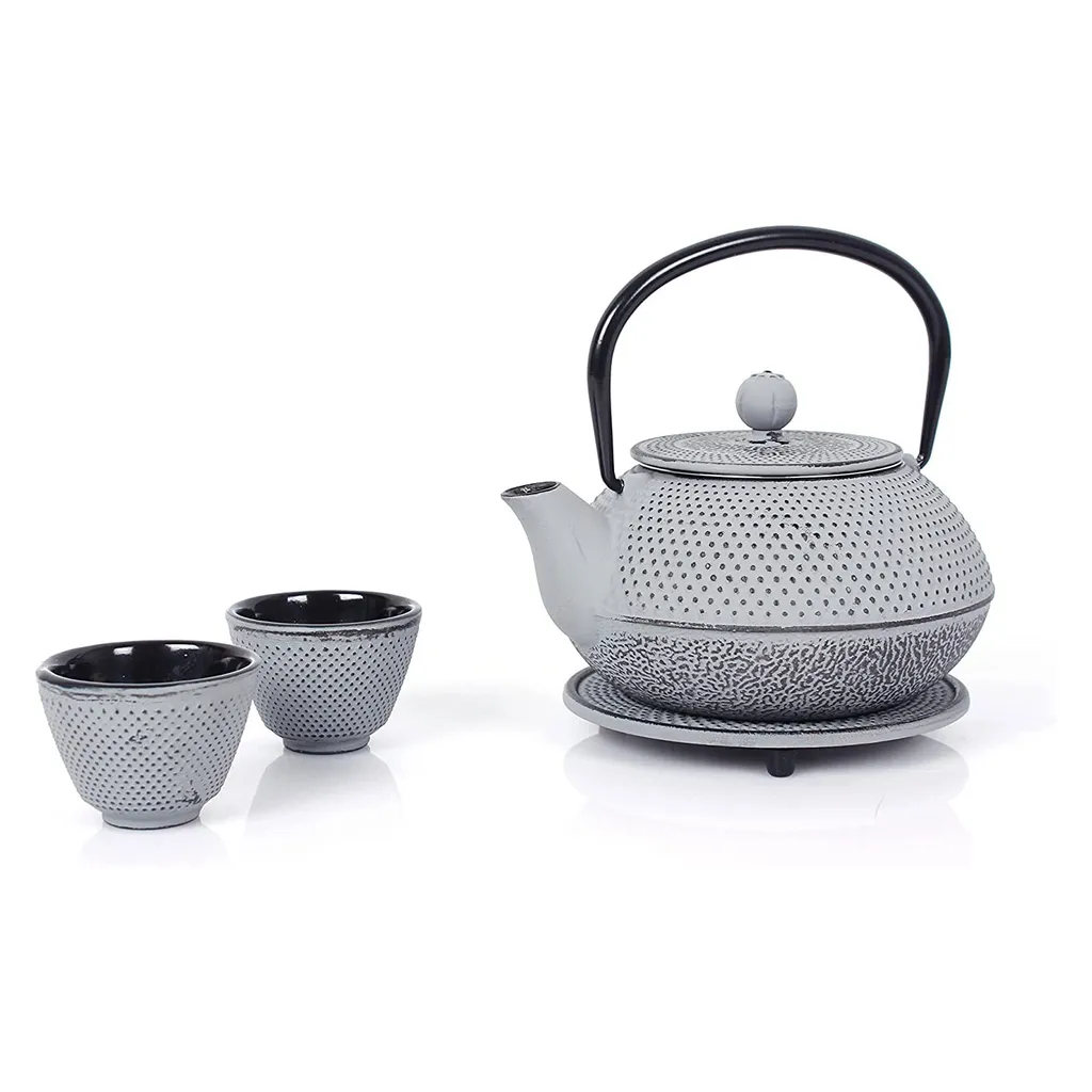 Servizio da tè Echtwerk Teiera in ghisa da 1,1 l con sottobicchiere 2 tazze da tè Set teiera Design vintage, colore: grigio