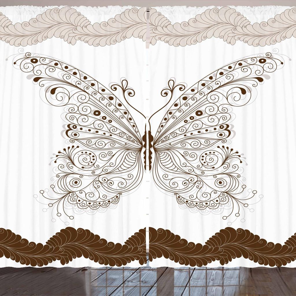 ARANDE Schmetterling Gardine, Schmetterlings Grafik mit Wirbelten Flügel Vintage Mode Kunst als Digital Druck, 280 x 225 cm, Braun Weiß Grau