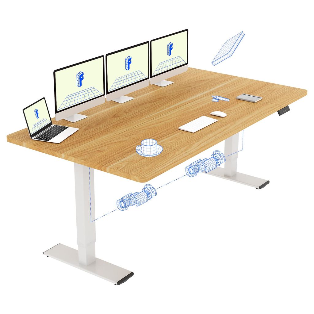 A modern adjustable height desk setup with multiple monitors and a laptop.