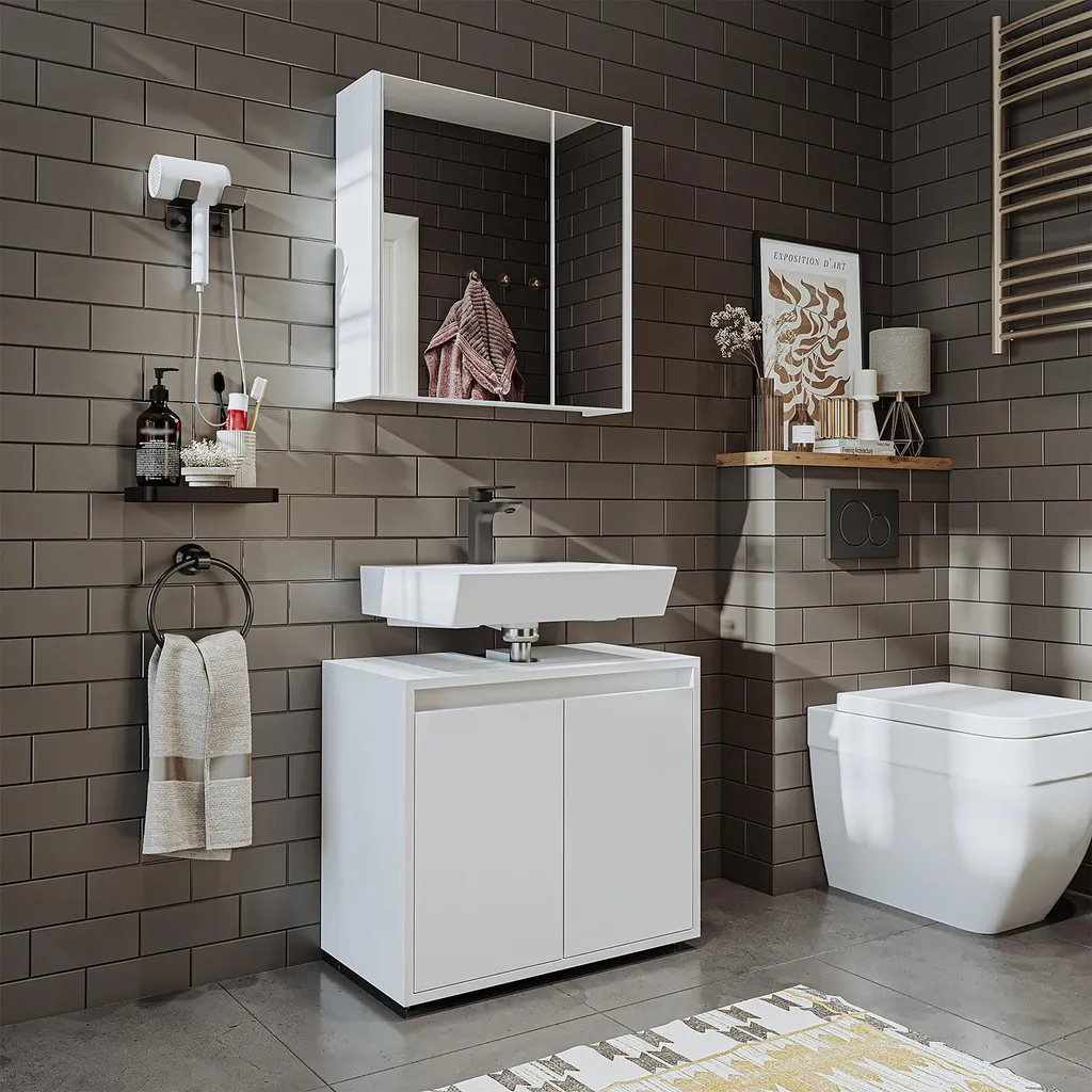 Solution rangement salle de bain MELONA-S2-65 Blanc : Meuble et Miroir 2pc