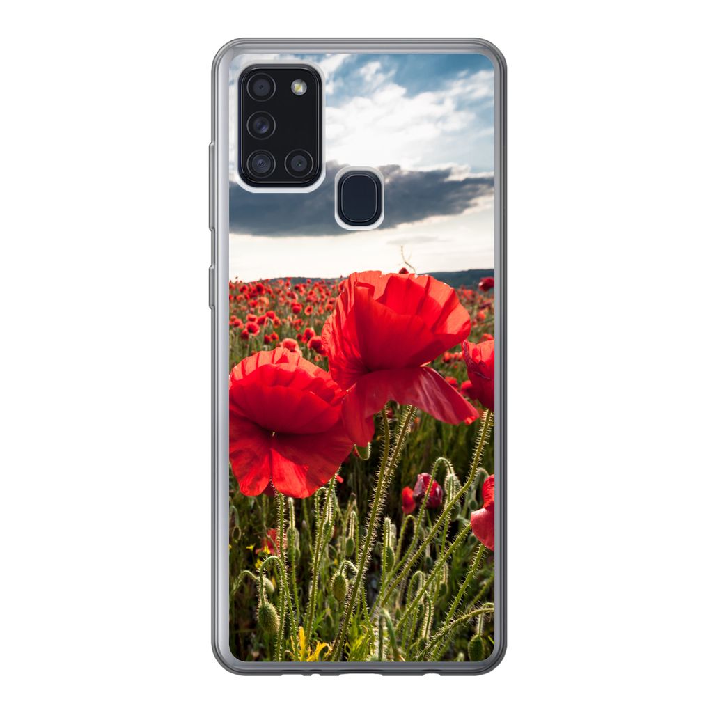 MuchoWow Handyhülle Schutzhülle Hülle für Samsung Galaxy A21s Mohnblumen vor einem dramatischen, stürmischen Himmel Silikon Softcase Handy H...