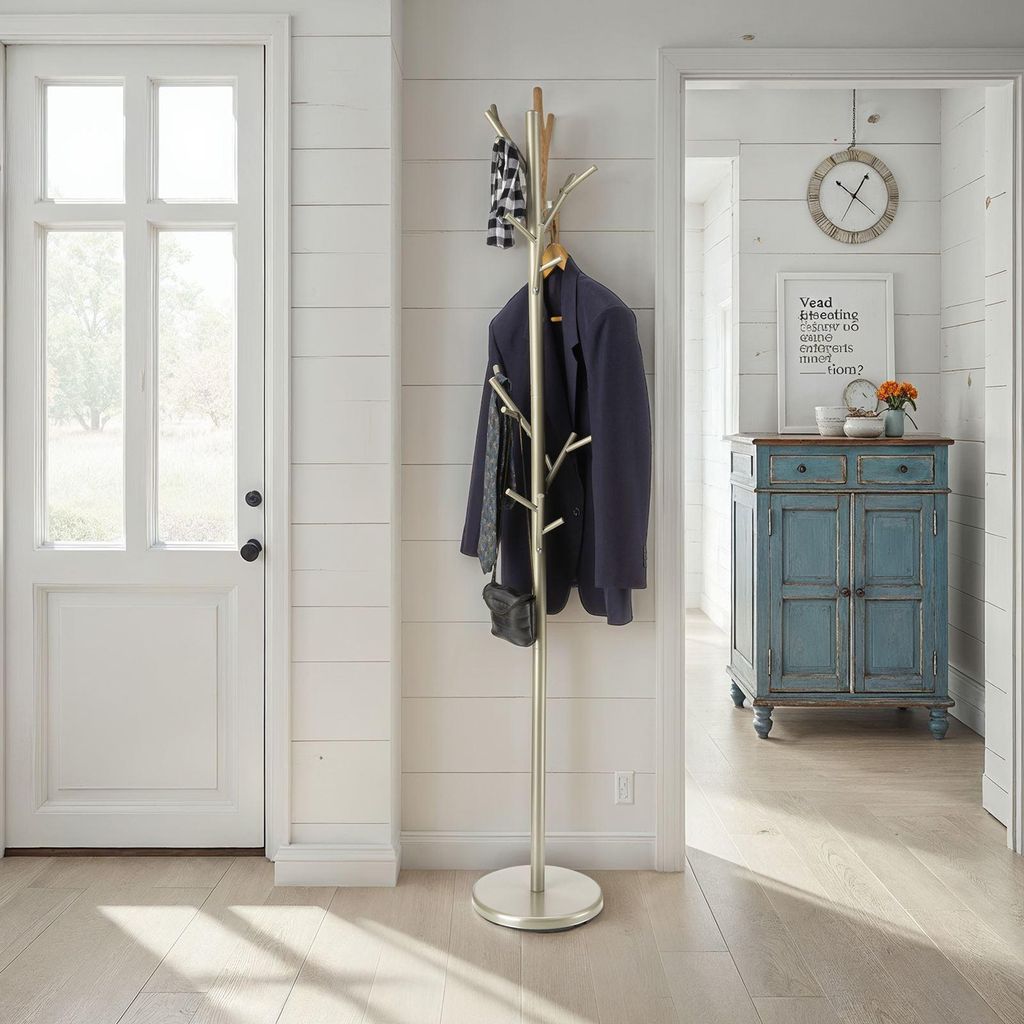 Kleiderständer ZENO aus Metall, Champagner - Garderobenständer, Jackenständer mit 6 praktischen Haken. Ideal für Flur und Eingangsbereich