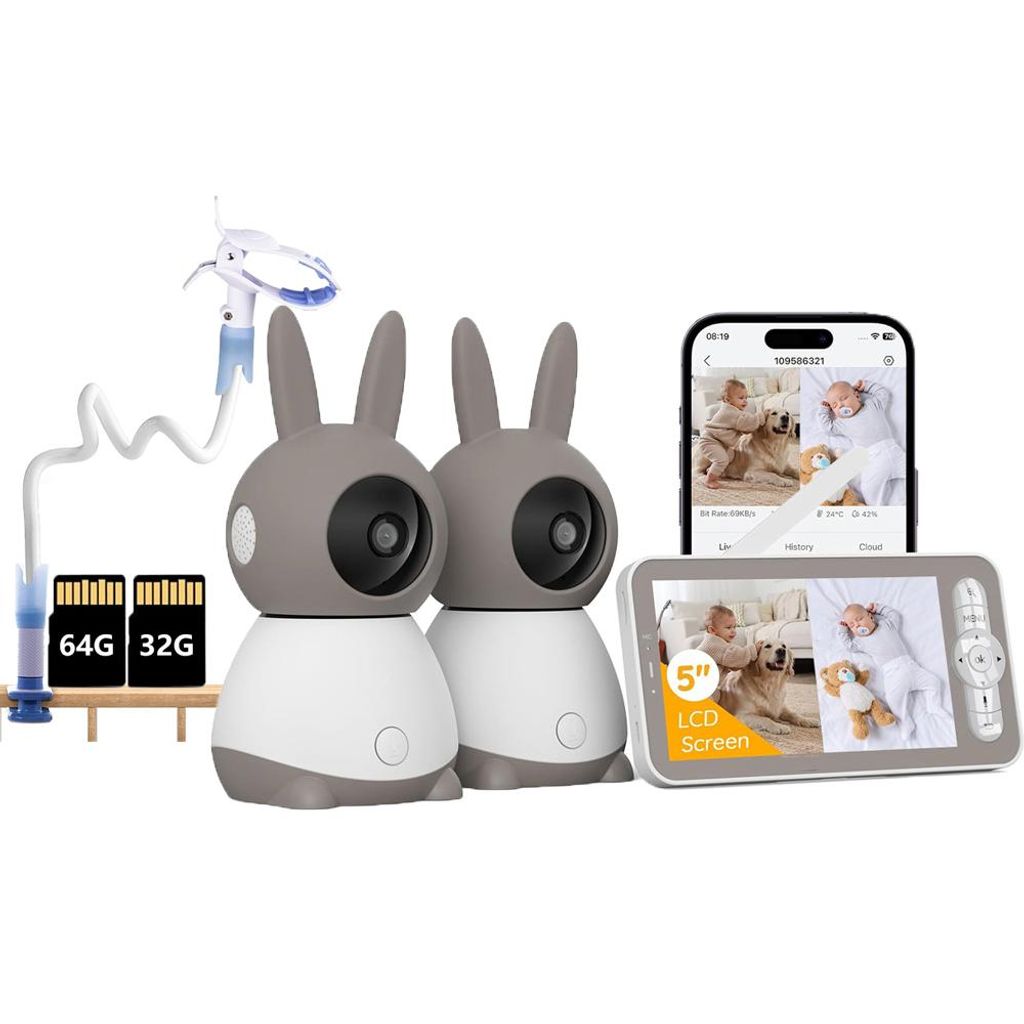 Babyphone mit 2 Kameras und APP 2K/5,0 Zoll WLAN Babyfon mit Split-Screen PTZ 4×Zoom IR-Nachtsicht Automatische Verfolgung mit Halterung mit 32G &...