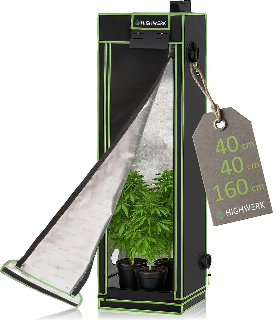 HIGHWERK Growzelt 40 x 40 x 160 cm, Indoor Grow tent, schwarz grün, Homegrow, Growschrank, Pflanzenzelt