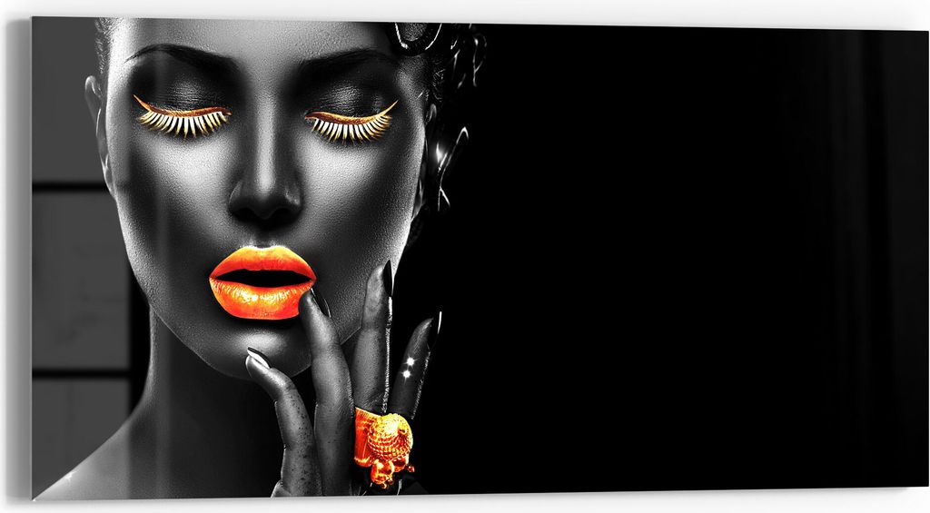 DEQORI Glasbild Echtglas 60x30 cm 'Frau mit Gold Make-Up' Wandbild Bild modern Deko