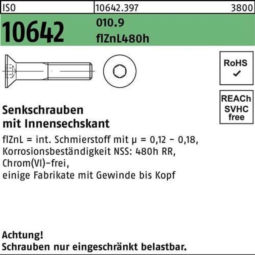 Senkschraube ISO 10642 Innen-6kt M8x20 010.9 flZnL 480h zinklamellenb. 200St.
