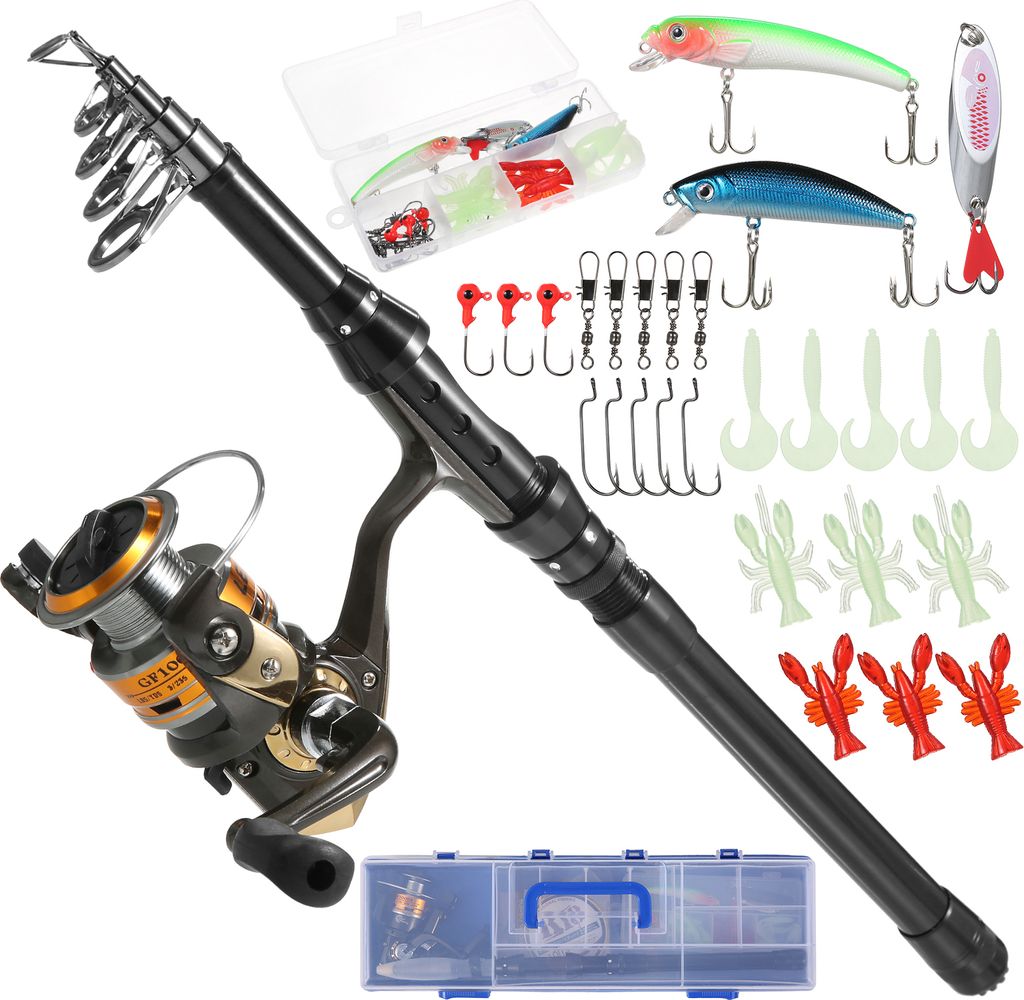 Angelruten- und Rollen-Kombinationen Teleskop-Angelrute mit Spinnrolle Combo-Kit Angelschnur Koeder Haken Wirbel Set Angelzubehoer mit Tackle Box