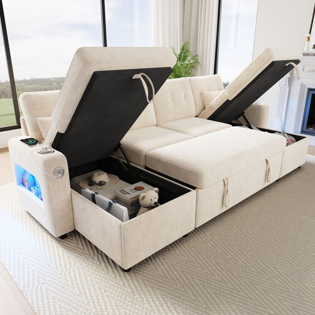 Merax Ecksofa Schlafsofa mit Schlaffunktion, U-Sofa mit Stauraum, Doppel-Chaiselongue, Getränkehalter & USB/LED-Beleuchtung, Bettsofa, Beige