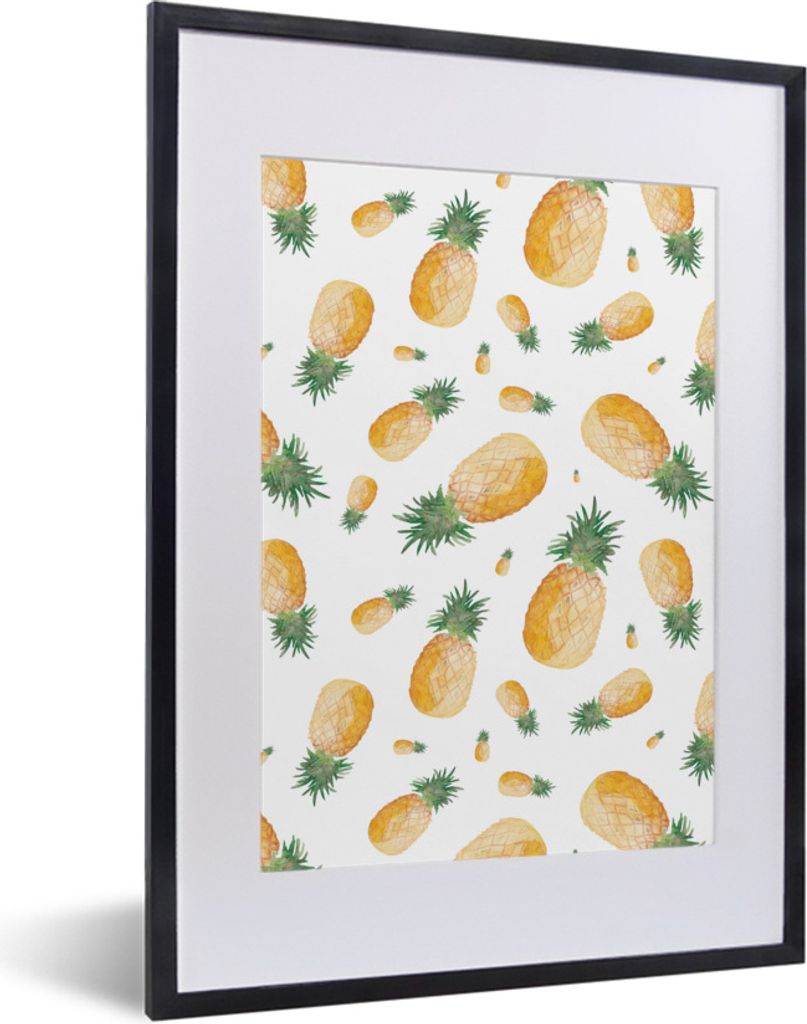 MuchoWow Gerahmtes Poster Ananas - Aquarellfarbe - Muster 30x40 cm - Poster mit Schwarzem Bilderrahmen Wandposter Rahmen Foto Bilder - Wandposter...