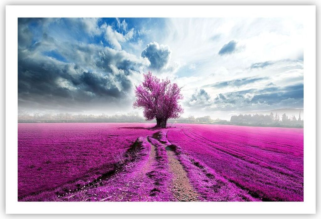 Poster - Poster ohne Rahmen - Heidefeld Baum Wolken Landschaft - 91,5x61 cm - Wand Bild - Wanddeko - Wandbilder - Kunstposter - Wandposter - Bilder...
