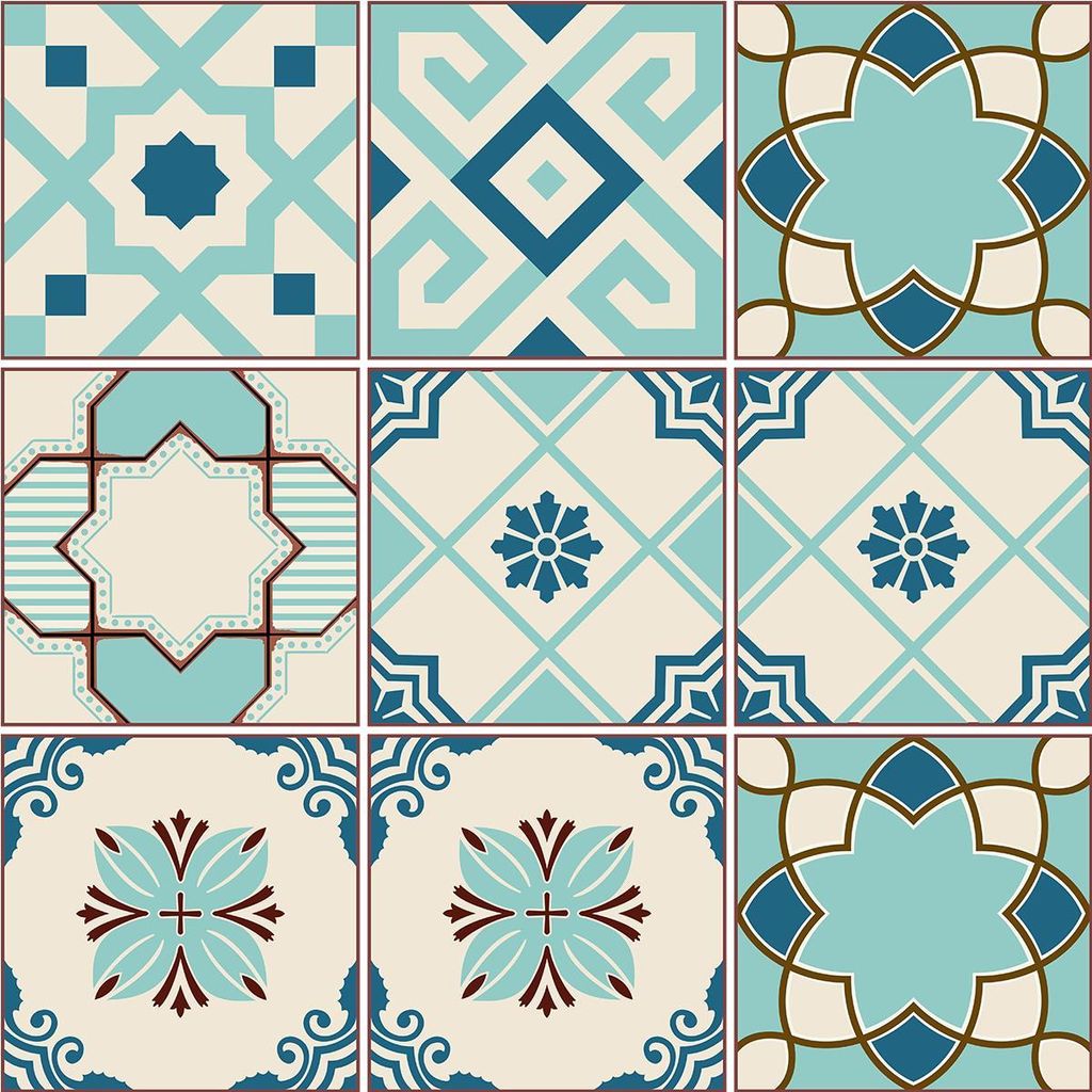 Selbstklebende Fliesenaufkleber für Küche und Bad – 9 Zementfliesenaufkleber im Azulejos-Leria-Stil – 9 Aufkleber, 20 x 20 cm
