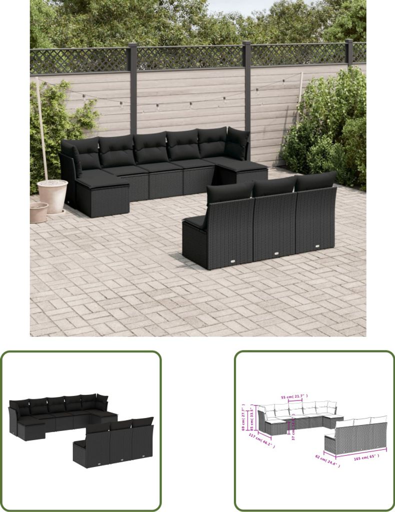 The Living Store 10-tlg. Garten-Sofagarnitur mit Kissen Schwarz Poly Rattan