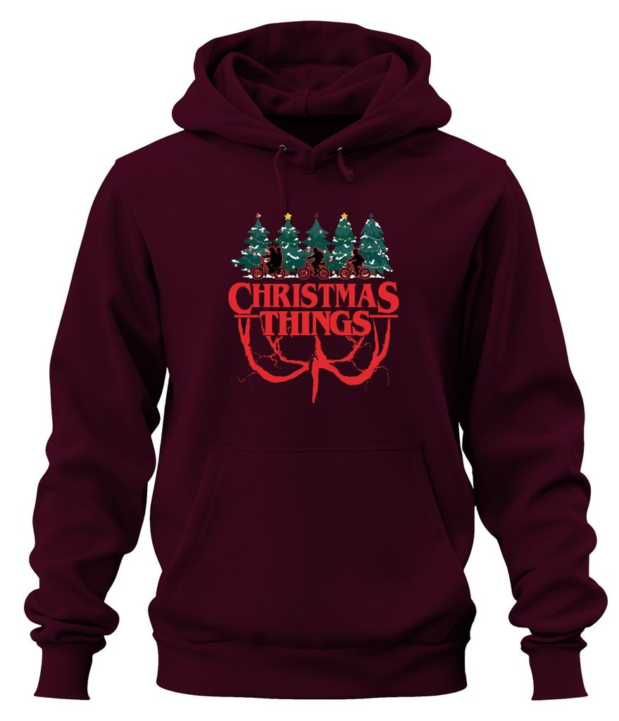 CHRISTMAS THINGS Stranger Weihnachten Demogorgon Kinder Retro Uni Hoodie Kapuzenpullover, Burgundy, XL