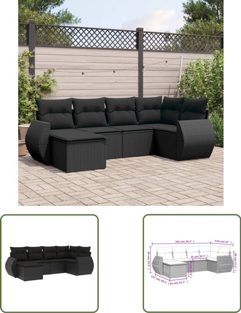 The Living Store 6-tlg. Garten-Sofagarnitur mit Kissen Schwarz Poly Rattan