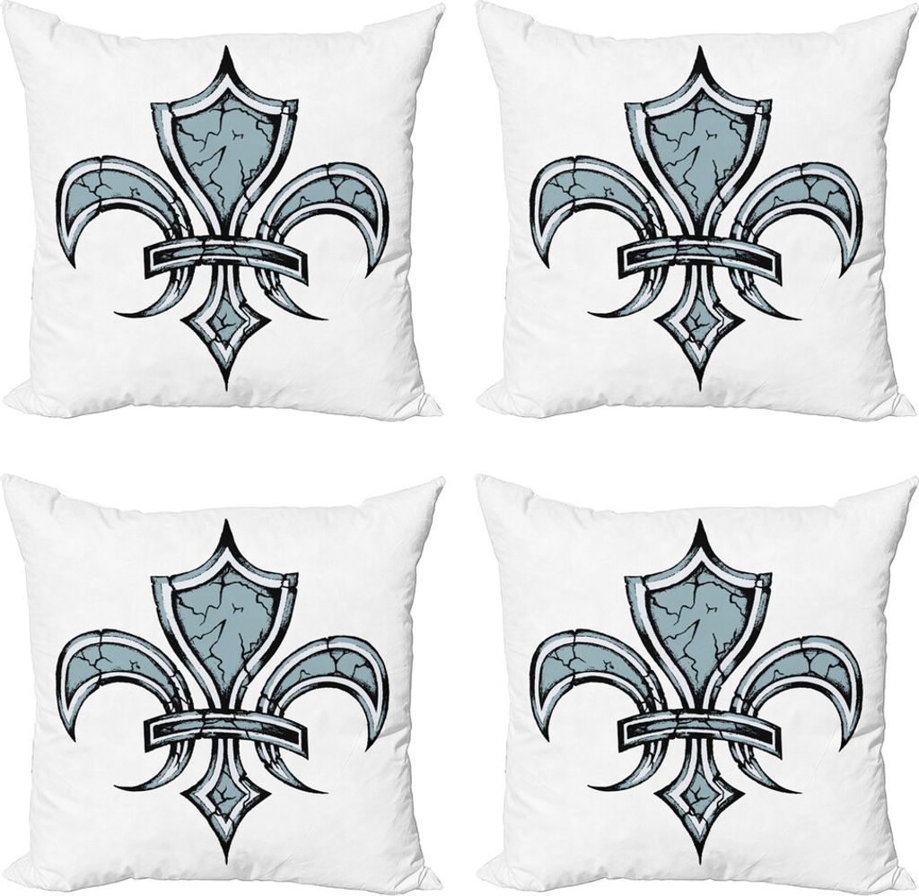 ABAKUHAUS Fleur De Lis Kissenbezug Set (4 Stück), Grunge Renaissance, Moderner Doppelseitiger Digitaldruck, 40 cm x 40 cm, Blau, Weiß, Schwarz