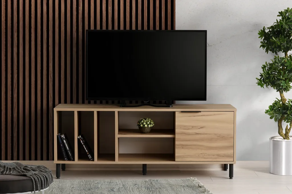 Meuble TV en bois mélaminé chêne 140x55x40 cm - Résistant et durable