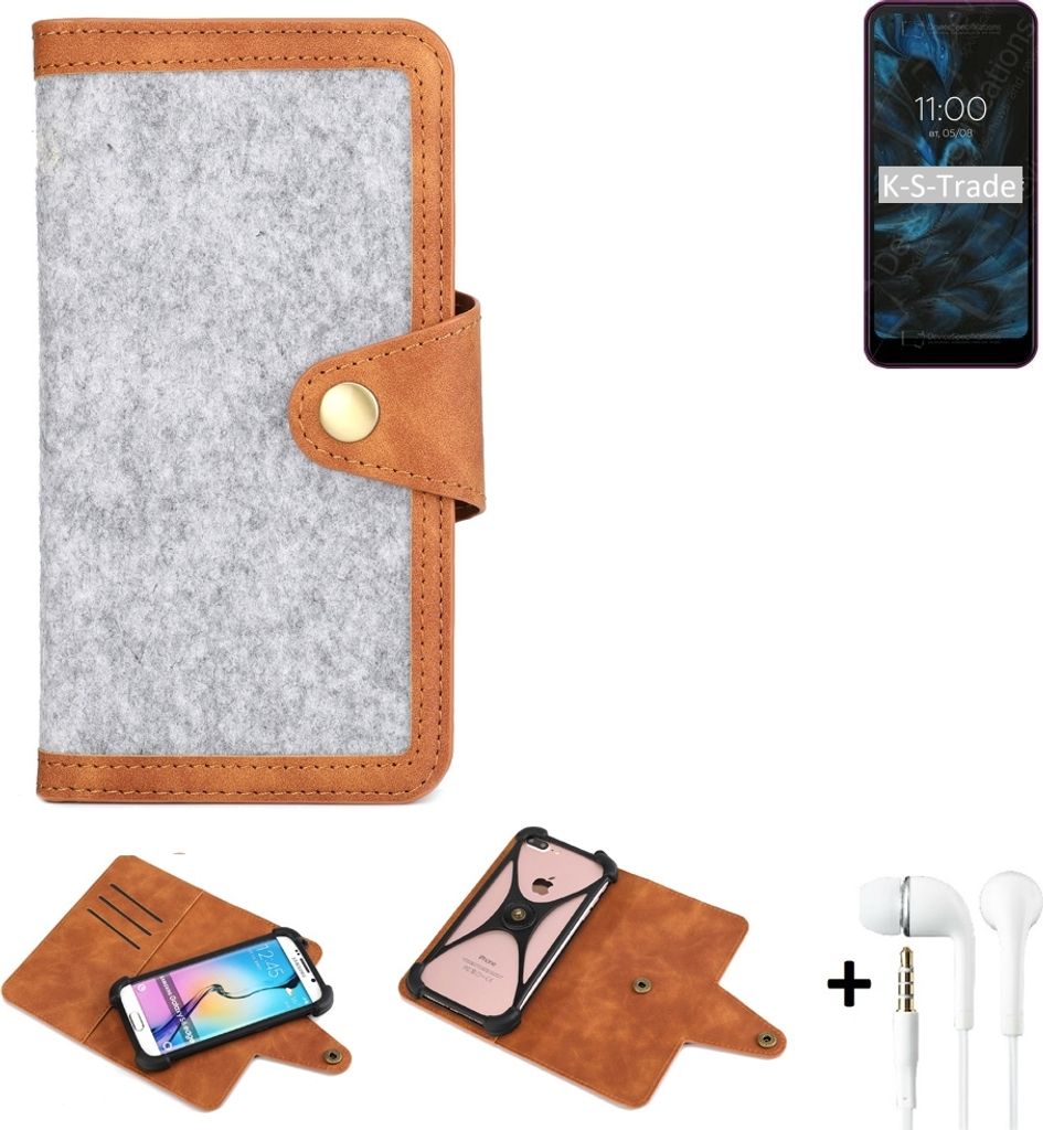 K-S-Trade Handyhülle + Kopfhörer kompatibel mit BQ Mobile BQ-6353L Joy Schutzhülle Filz Hülle Kunstleder hellgrau braun (1x)