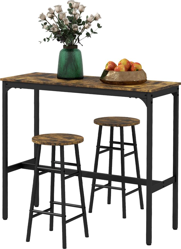 Bartisch mit 2 Stühlen im Industriedesign 2er-Set Barhocker mit Tisch, Industriedesign, 3-teilig, Braun + Schwarz