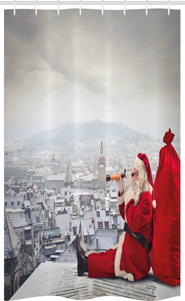 ABAKUHAUS Natale Tenda da doccia stretta, Babbo Natale sul tetto, set decorativo per bagno in tessuto con ganci, 120 x 180 cm, rosso pallido grigio