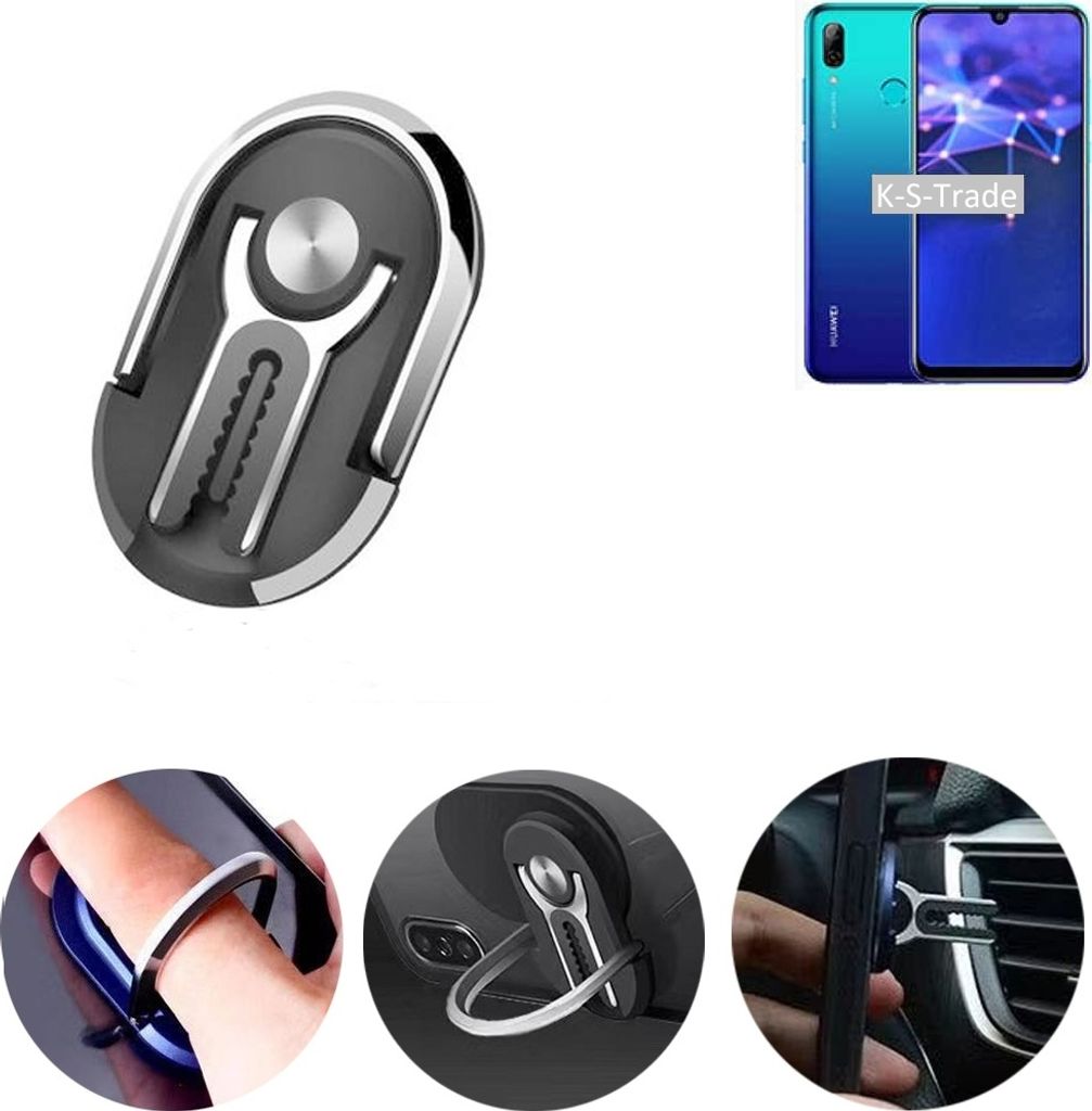 K-S-Trade 3in1 Smartphone-Ring Handy-Ring kompatibel mit Huawei P Smart 2019 Fingerhalterung Handyring Tischständer Lüftungsgitter-Halterung Tisch