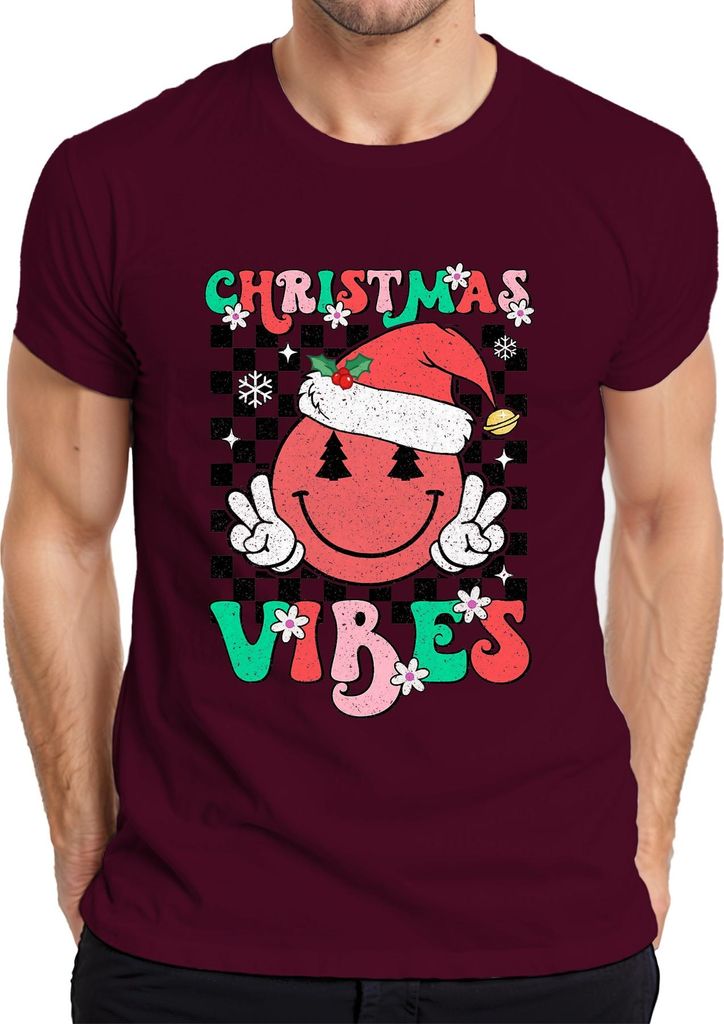 Christmas Vibes Santa Hat Smiley Peace Zeichen Tannenbaum Retro Herren T-Shirt, Burgundy, 3XL