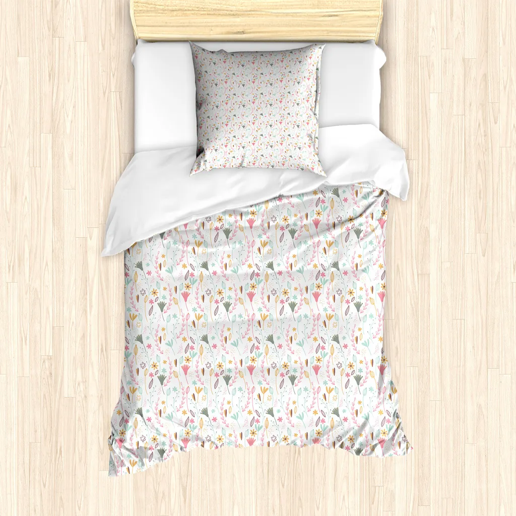 ABAKUHAUS Set copripiumino botanico per letti singoli, Doodles of Plants Herbs, antiacaro, adatto a chi soffre di allergie, con federa, 135 cm x 200 cm - 80 x 80 cm, bianco multicolore