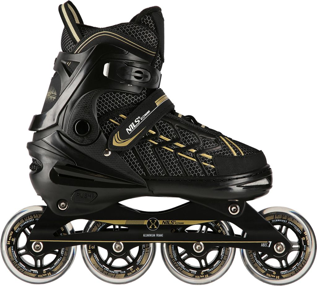 A black and gold inline skate is shown against a white background.