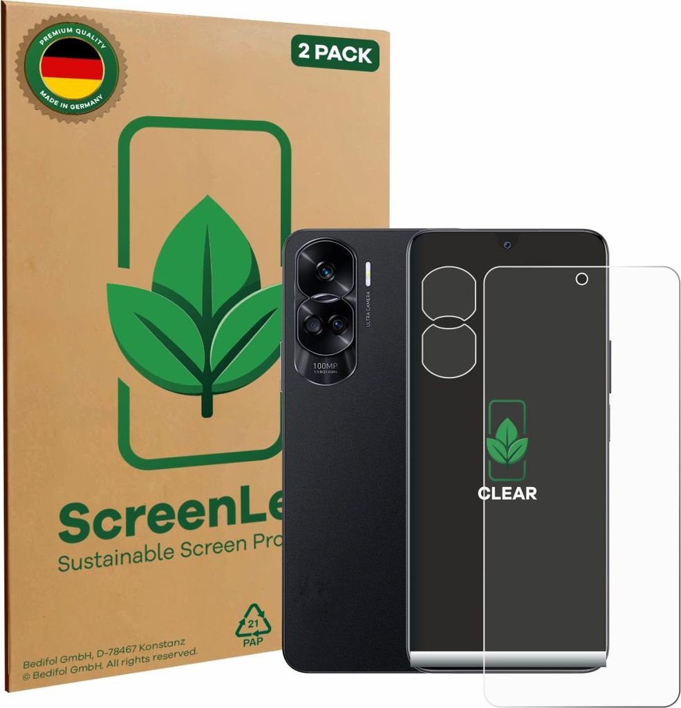 2x ScreenLeaf Schutzfolie für Honor 90 Lite (Display+Kamera) nachhaltiger Displayschutz Display Schutz Folie Klar Transparent