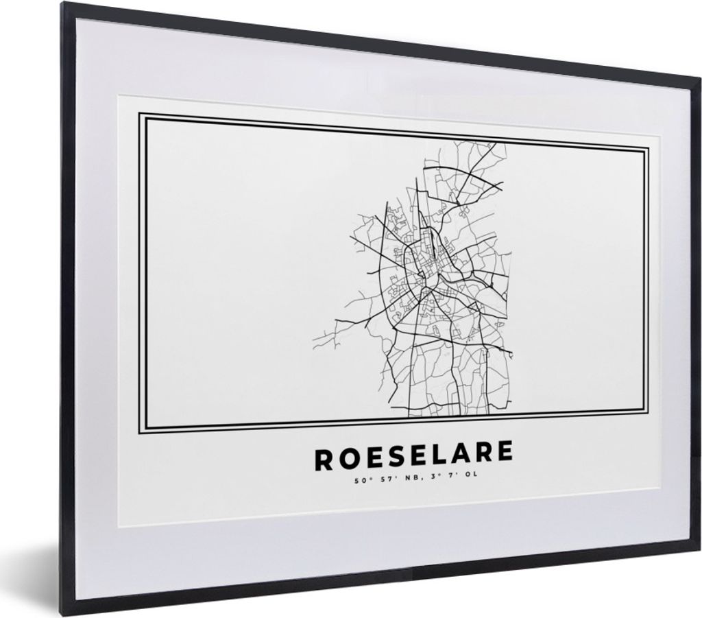 MuchoWow Gerahmtes Poster Karte - Stadtplan - Roeselare - Belgien - Schwarz und weiß 40x30 cm - Poster mit Schwarzem Bilderrahmen Wandposter Rah...