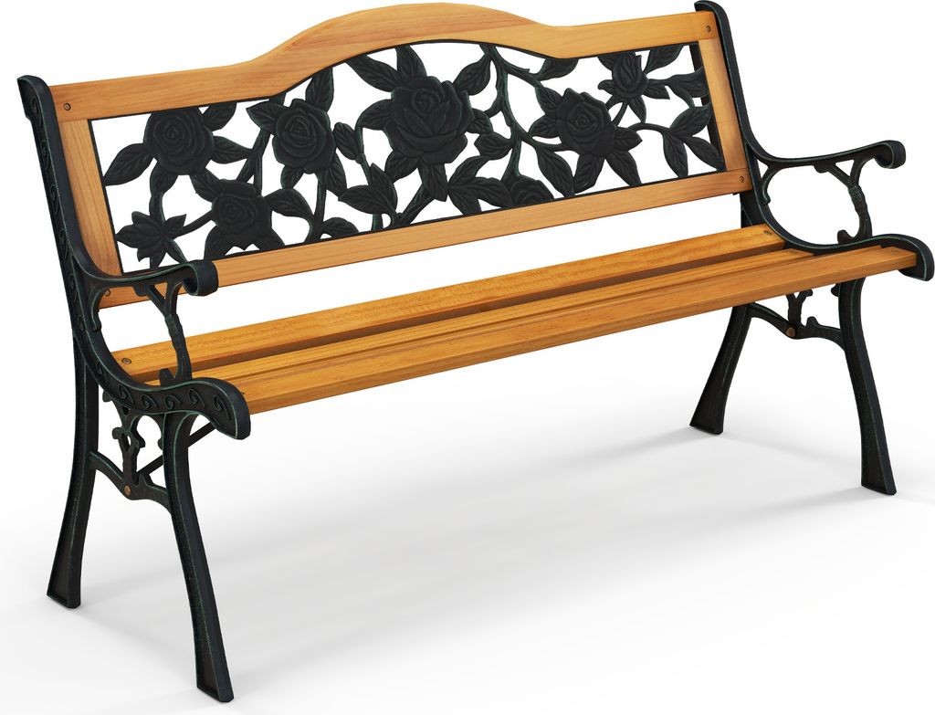 A garden bench with a wooden seat and backrest, and black metal legs and armrests with a floral design.