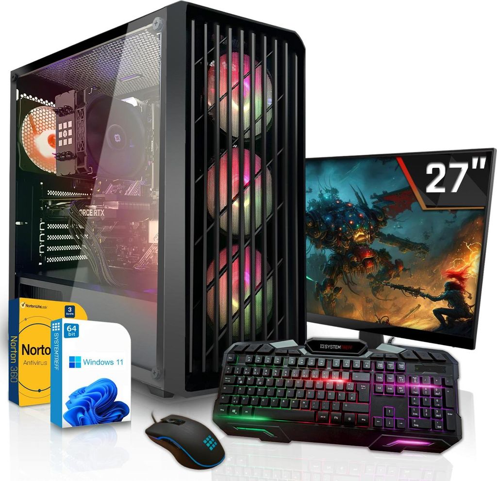 SYSTEMTREFF Gamer Komplett-System - Ryzen 7 8700F - Nvidia GeForce RTX 5060 8GB - 32GB DDR5 - 1TB NVMe - 27 Zoll Monitor - Windows 11 Pro - Desktop PC