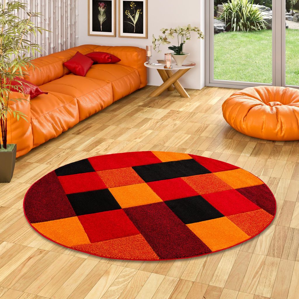 Designer Teppich Brilliant Rot Orange Karo Rund, Größe:160 Produktbild 
