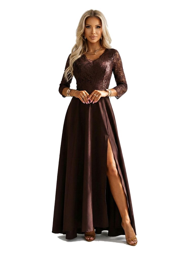 Numoco Abendkleid Amber Maxikleid Langes Kleid mit Spitze Partykleid, braun, Gr. L