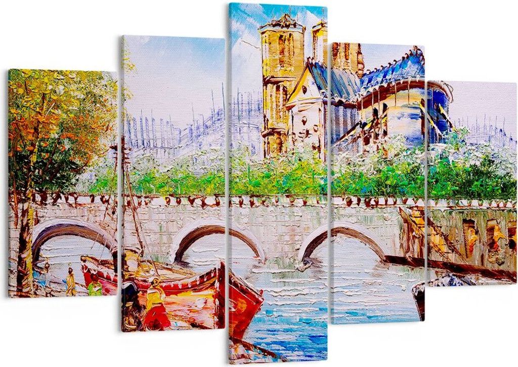 Bild auf Leinwand - Leinwandbild - Boot Fluss Brücke Zeichnung - 150x100cm - Wand Bild - Wanddeko - Leinwanddruck - Bilder - Kunstdruck - Wanddeko...